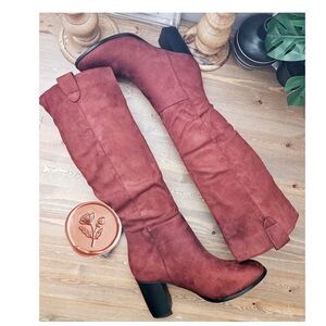 Vegan Suede Brownish Red Knee High Block
Heel Boots Size 9 New